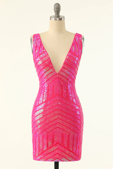 Lentejuelas fucsia cuello en V Ajustado Vestido de regreso a casa